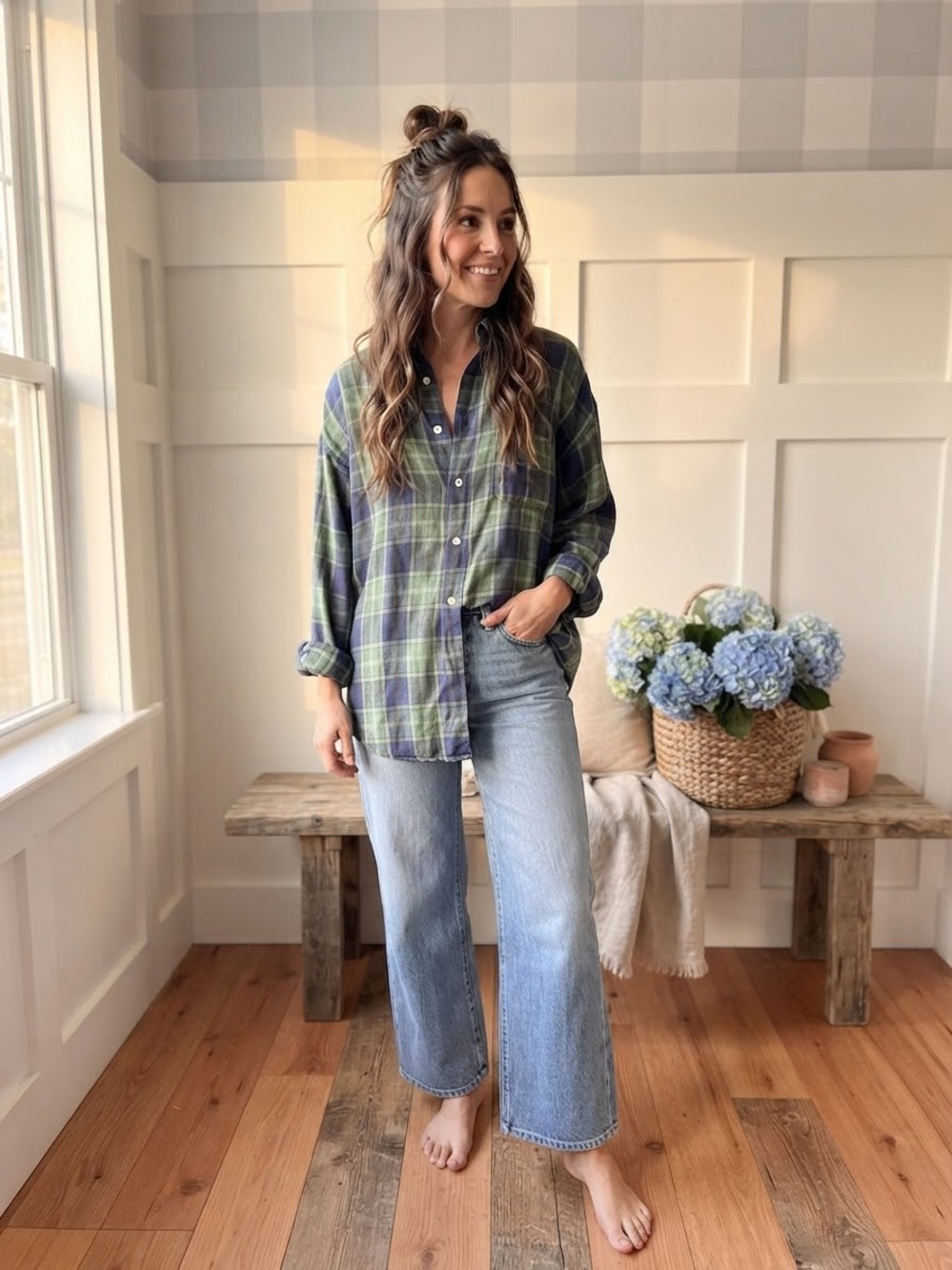 J. Crew Linen Olive Green and Navy Plaid Button-Front Shirt Large